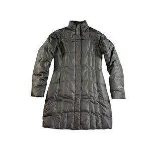 Eddie Bauer Down Parka Jacket Women XS Black Quilted Long Puffer Stand Collar